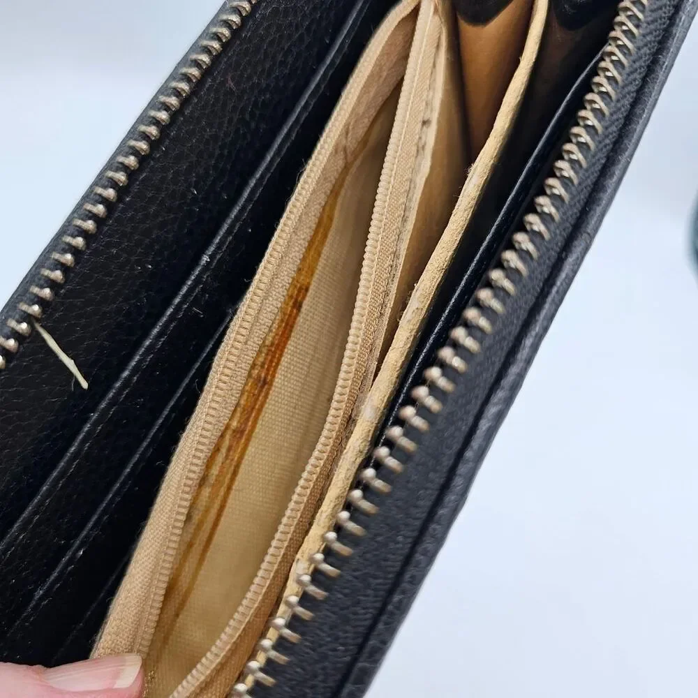 Coach Signature Zip Around Wallet Khaki Brown Canvas Black Leather Accordion